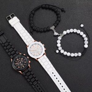 4PCS Couple Silicone Quartz Watch With Lover Beads Bracelet