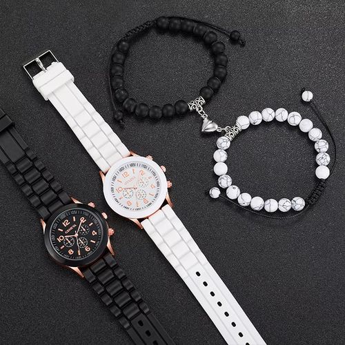4PCS Couple Silicone Quartz Watch With Lover Beads Bracelet